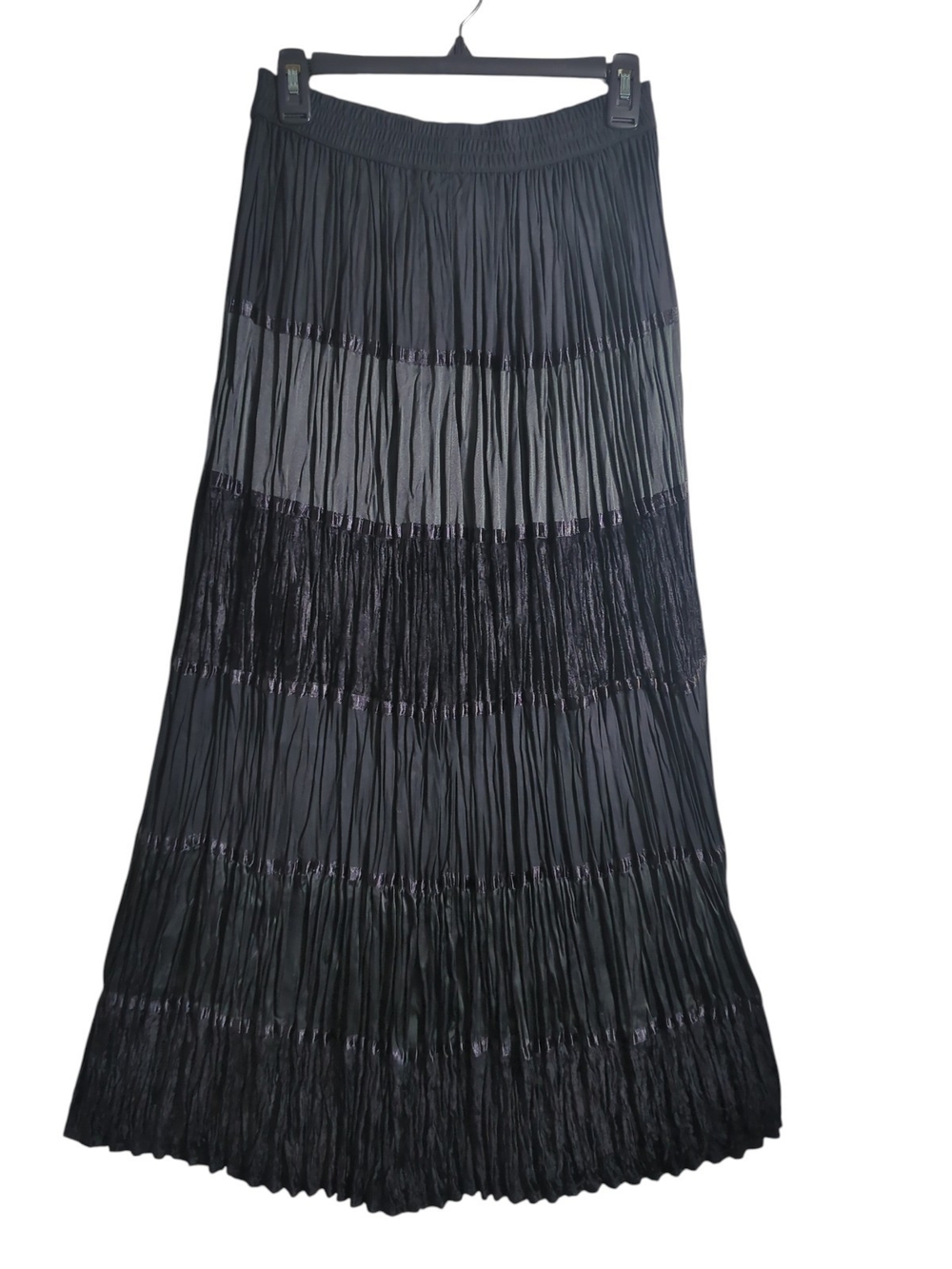 Vtg Black Crinkle Velvet Tiered Maxi Broomstick Skirt S Whimsigoth Boho Western
